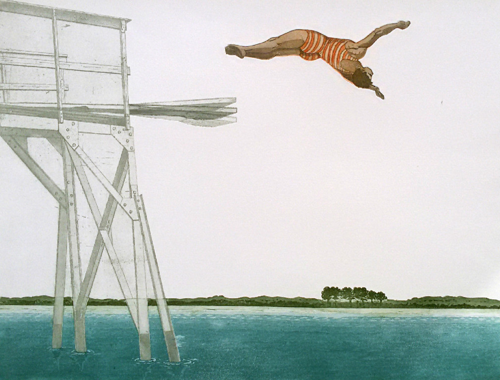 Leentje Linders - Bob is taking the plunge, aquatint ets met reliëfdruk verkocht voor € 70!