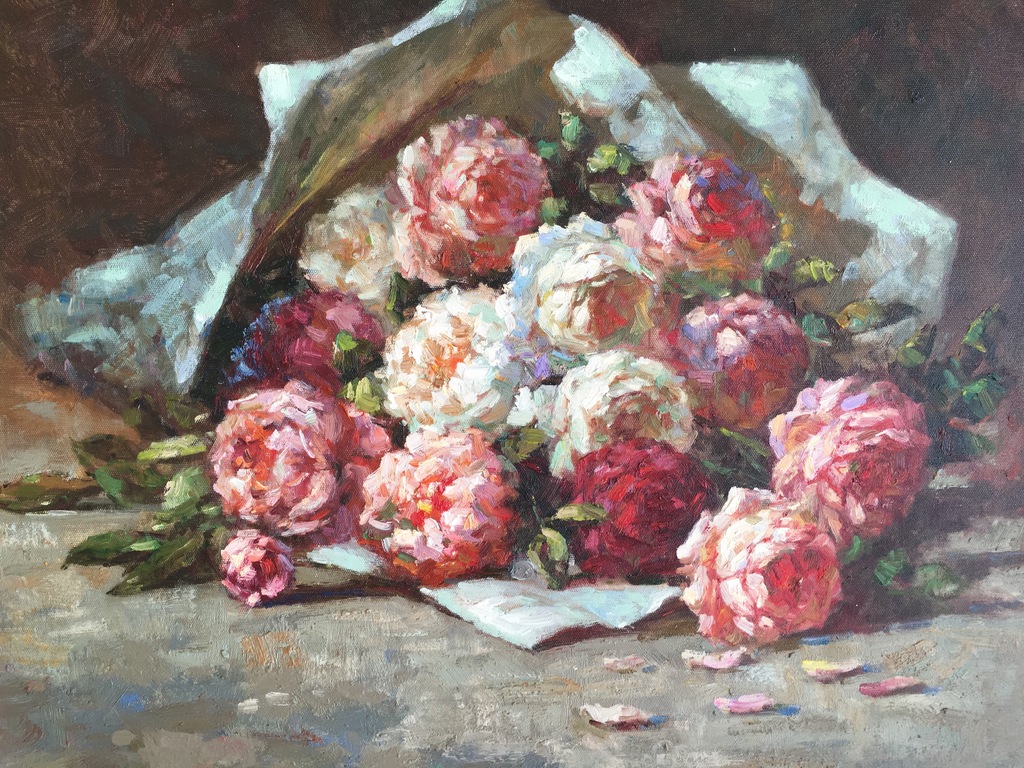 Mooi schilderij boeket pioenrozen verkocht voor € 90!