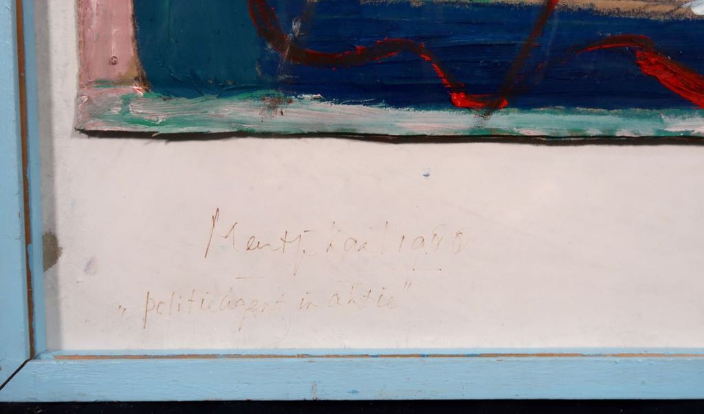 Meertje Kaal: Olieverf en collage op karton, Politieagent in aktie - Ingelijst kopen? Bied vanaf 1!