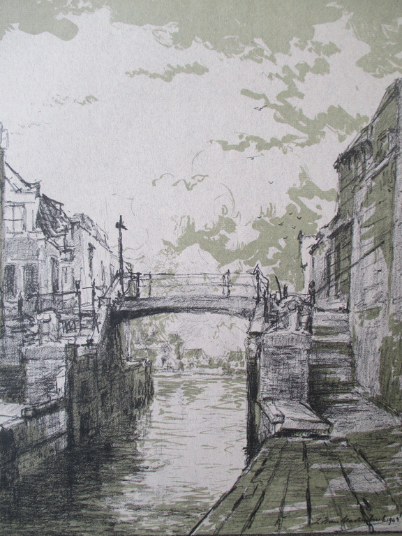 Mastenbroek, litho, sluisje te Rotterdam, 1943 verkocht voor € 40!