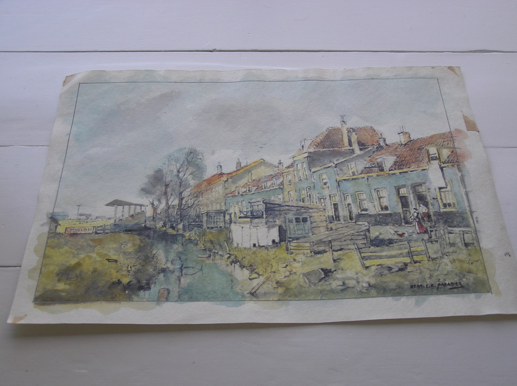 Studie Aquarel Herman C.A. Paradies, Stadsgezicht van de Konijnenbuurt in Schiedam verkocht voor € 80!