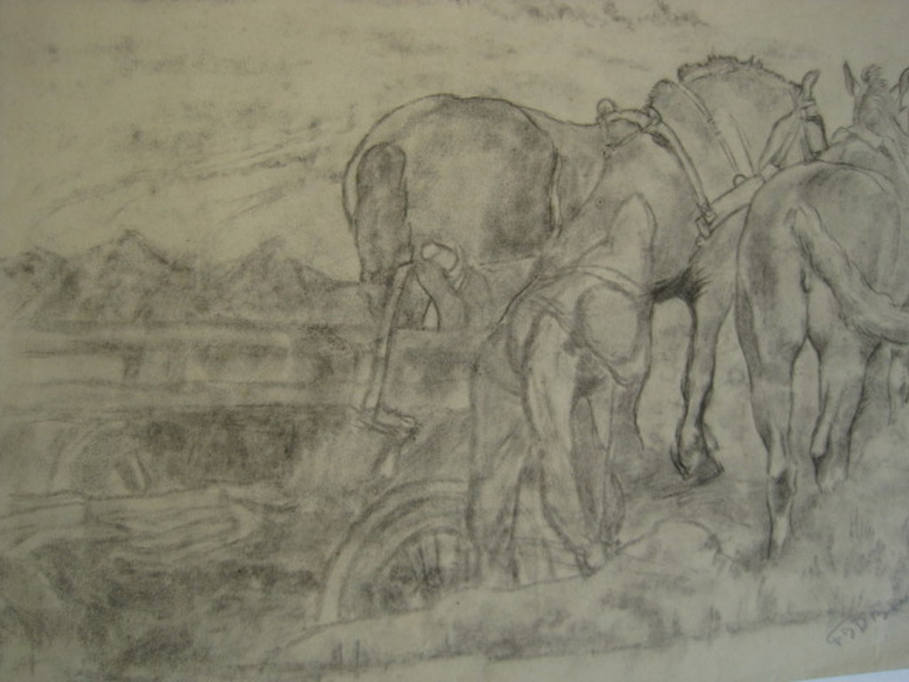 Larense School Frans Boers 1914-1987 tekening "boer en paarden" ca. 1950 kopen? Bied vanaf 1!