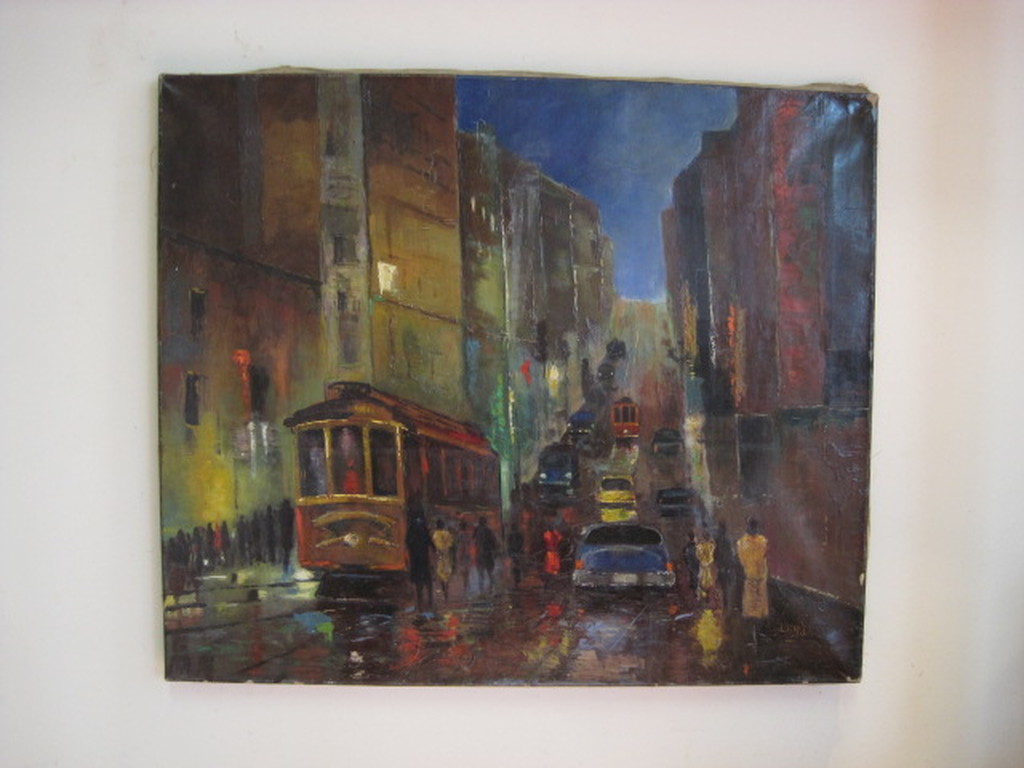 oud impress. olieverf "San Fransisco USA"  onduid. gesigneerd  omstreeks 1950 kopen? Bied vanaf 1!