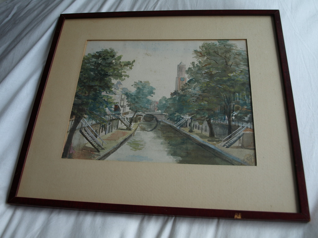 Onduidelijke signatuur : Aquarel – Oudegracht, Utrecht – ingelijst  kopen? Bied vanaf 1!