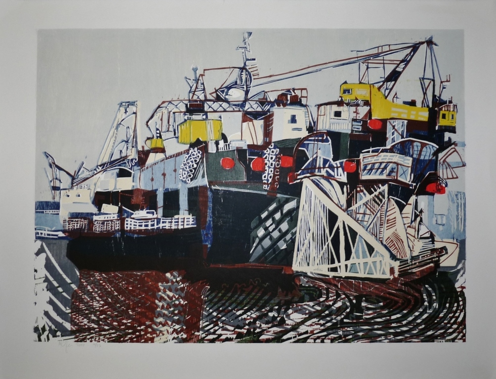 Vincent van Ojen: Kleurenhoutsnede, Haventafereel, Oplage 23 stuks, Gesigneerd kopen? Bied vanaf 165!