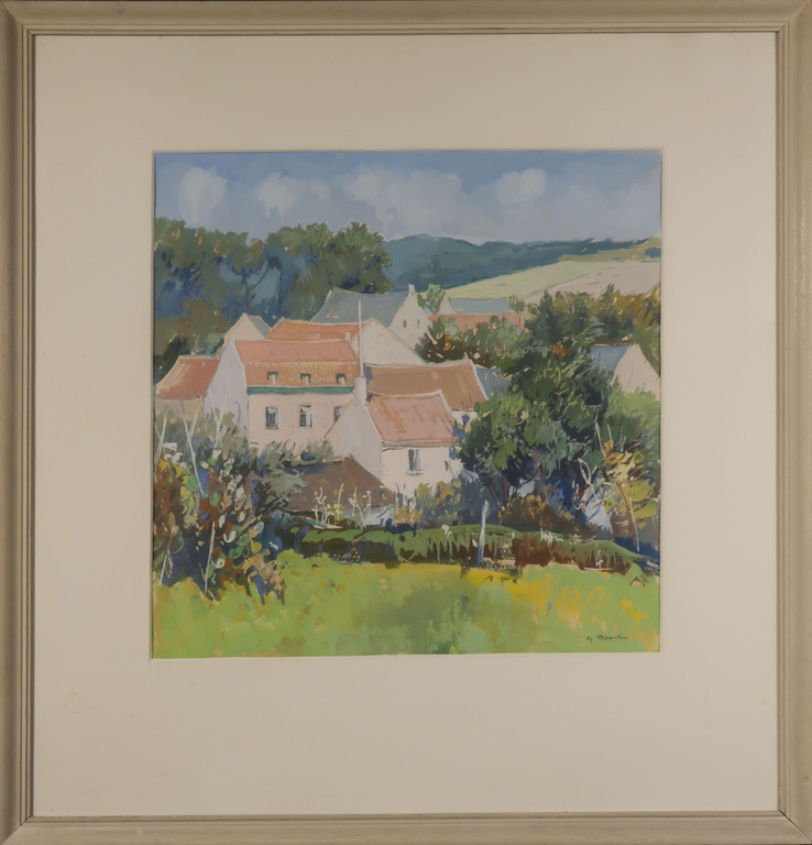 Ger Boosten: Gouache, Dorpje in heuvellandschap - Ingelijst verkocht voor € 100!