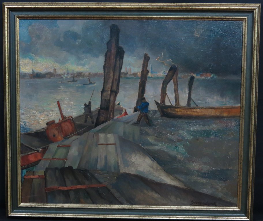 Theo Beerendonk: Olieverf op doek, Haven van Antwerpen - Ingelijst verkocht voor € 350!