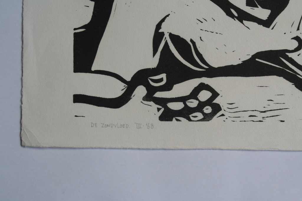 Karel Timmerman - linodruk - De Zondvloed - circa 1968 - gesigneerd kopen? Bied vanaf 1!