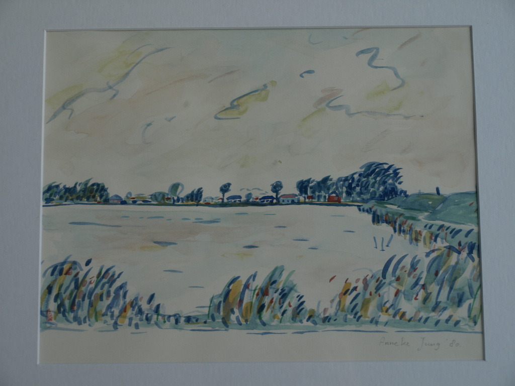 Anneke (Anne) Jung : Aquarel – Langs het IJsselmeer –gesigneerd & ingelijst–1980 kopen? Bied vanaf 1!