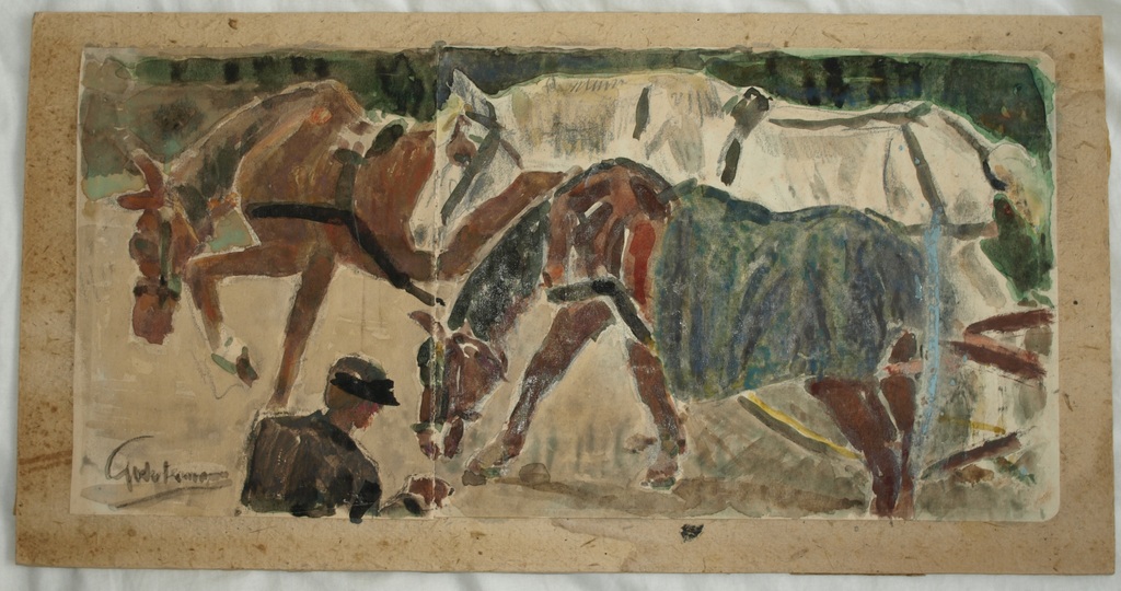 Onduidelijke signatuur: 2x Aquarel / tekening – “Paarden” en “Meisjes” - Oud verkocht voor € 55!