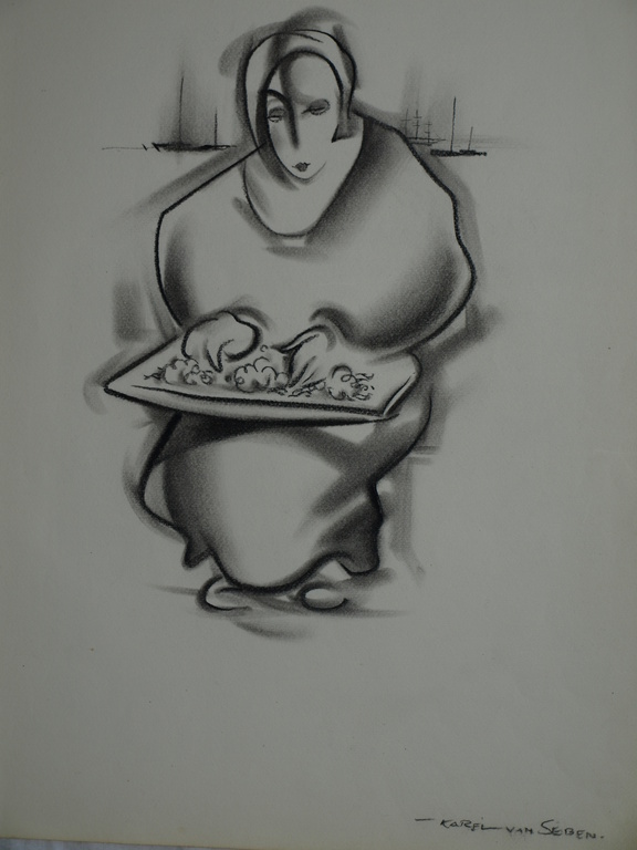 KAREL VAN SEBEN (1893-1988) – Tekening – Garnalenpelster – Gesigneerd – ca 1950 kopen? Bied vanaf 10!