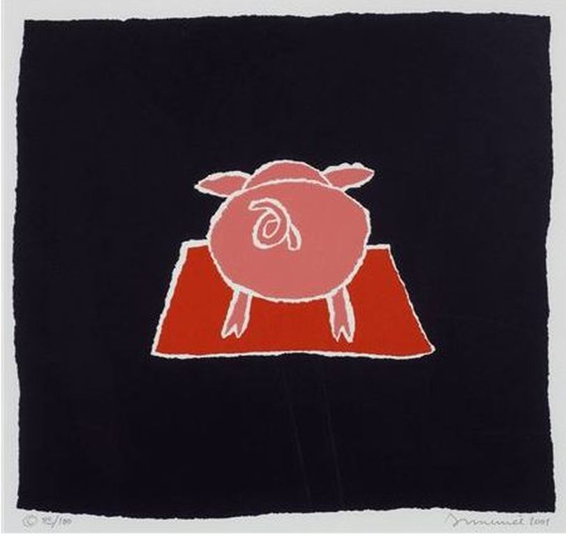 Hans Innemée: Zeefdruk, Varkentje - Ingelijst verkocht voor € 70!