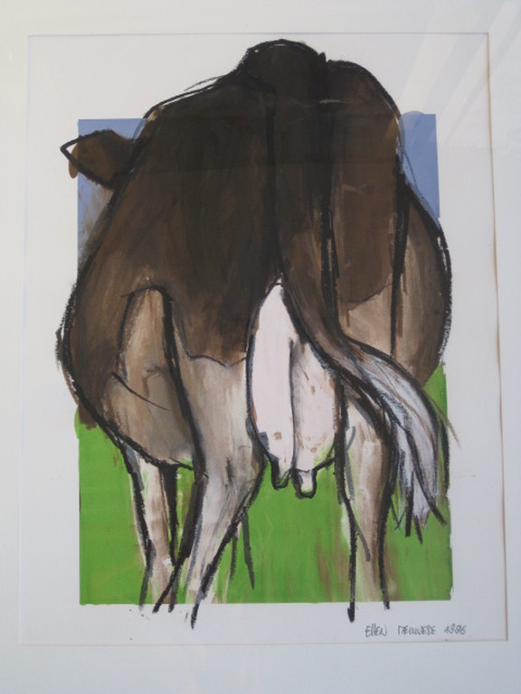 Grote gemengde techniek voorstelling "KOE" van Ellen Meuwese (1948-) gesigneerd  kopen? Bied vanaf 1!