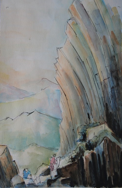 Aquarel en inkt, tafereel in de bergen, gesigneerd kopen? Bied vanaf 1!