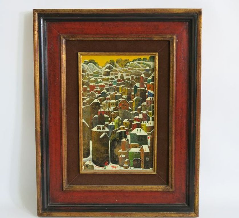 Corrado Simeoni, olieverf op paneel: Huizen bedekt met sneeuw kopen? Bied vanaf 50!