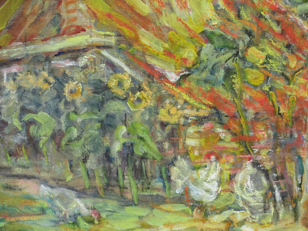 G.J.Lutz, Boerderij met zonnebloemen en kippen, Marouflé kopen? Bied vanaf 1!