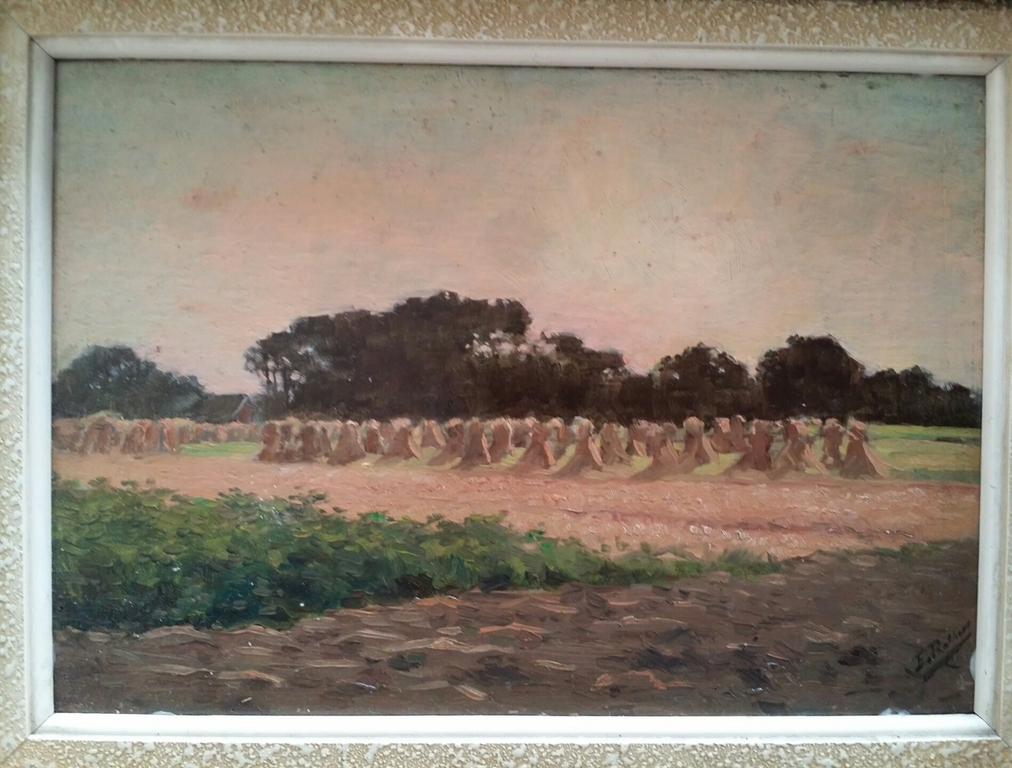 Evert Rabbers. Olieverf op board. Korenveld in avondrood. kopen? Bied vanaf 175!