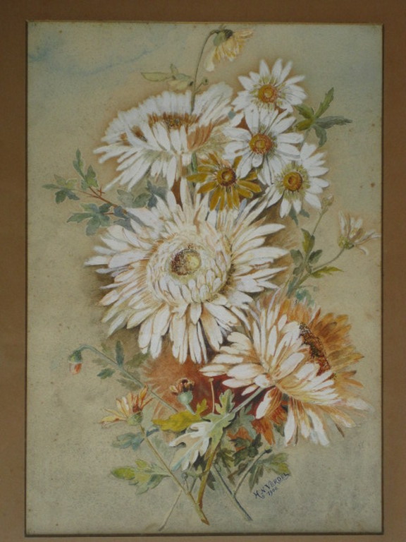 Fraai antiek (1900) bloemstilleven aquarel "Margrieten" gesigneerd en gedateer   kopen? Bied vanaf 1!
