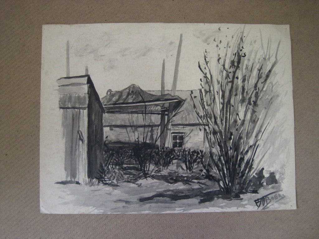 Mooie grote Sepiatekening "boerenerf op Texel" van Frans Broers 1914-1987 gesigd kopen? Bied vanaf 1!