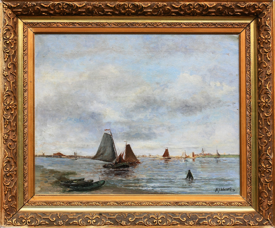 H.J. Wesseling, Olieverf op doek, Bootjes op meer verkocht voor € 350!