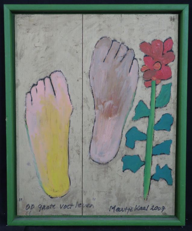 Meertje Kaal: Olieverf op hout, Op grote voet leven - Ingelijst verkocht voor € 55!