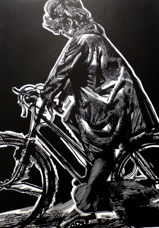 Wim Zwiers - Linosnede - "Meisje op de fiets" - 1964 verkocht voor € 35!