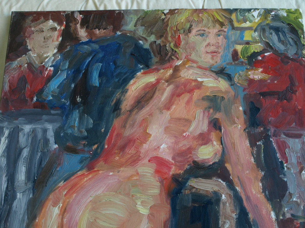 Gesigneerd: Verburgt : Olieverf op doek , NAAKT OP HET TERRAS – 2000 kopen? Bied vanaf 1!