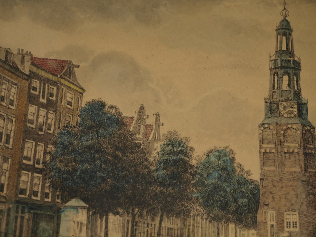 Ingekleurde ets of prent – Oude Schans Montelbaanstoren Amsterdam – Oud kopen? Bied vanaf 1!