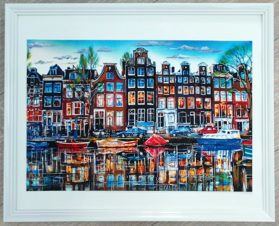 Elena Polyakova:   Een gracht in Amsterdam, Gemengde techniek kopen? Bied vanaf 100!