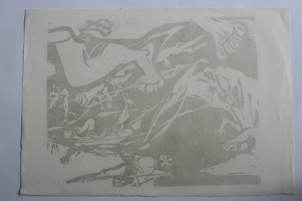 Karel Timmerman - linodruk - De Zondvloed - circa 1968 - gesigneerd kopen? Bied vanaf 1!
