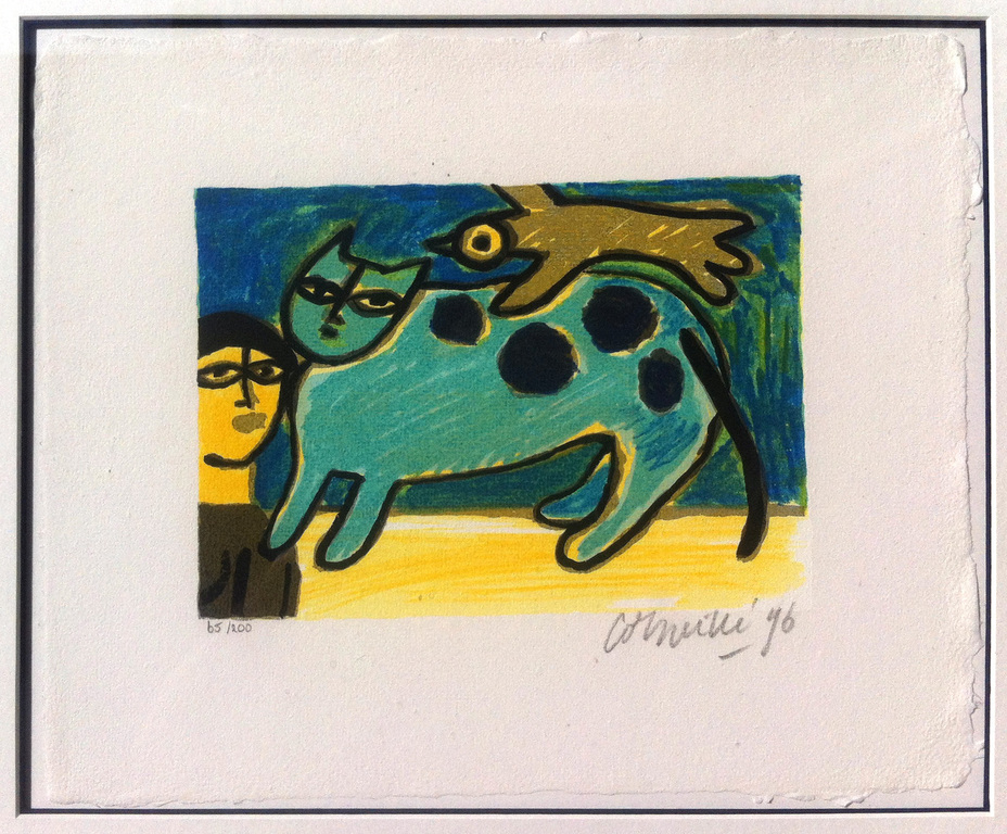 Corneille: Kleurenlitho, zonder titel (blauwe kat met vogel en vrouw) kopen? Bied vanaf 225!