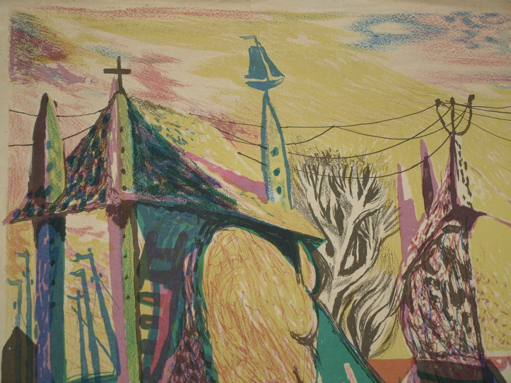 Nicolaas Wijnberg (1918-2006) – Kleurenlitho – Dorpsgezicht – Gesigneerd - 1947 kopen? Bied vanaf 50!