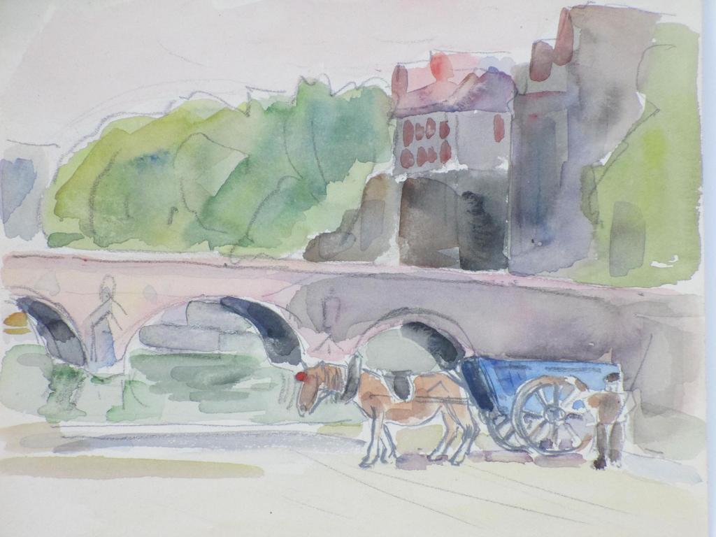 Han Krug, Paardenkar bij Parijse brug, Aquarel kopen? Bied vanaf 45!