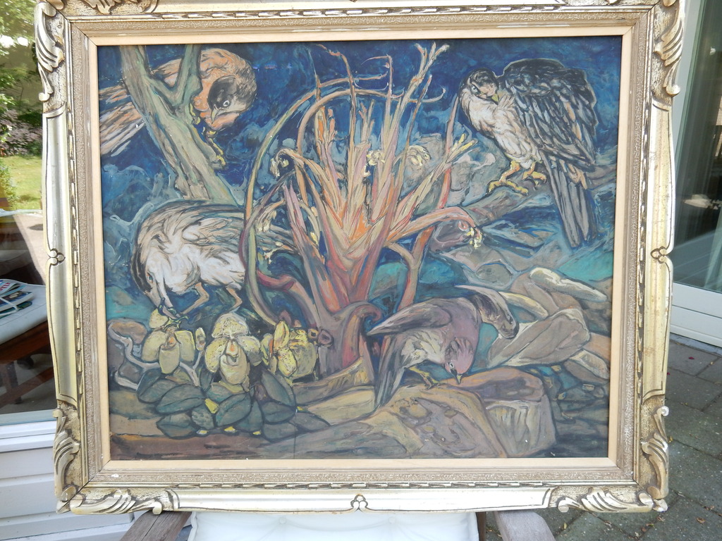 Paul Cauchie, gouache met vogels, op een dunne plaat , is een groot werk kopen? Bied vanaf 295!