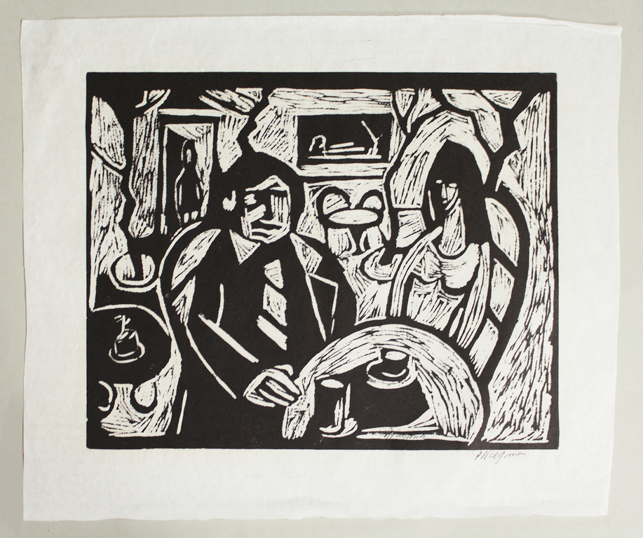 Piet Wiegman (II) - 2 linodrukken Piet Wiegman (Heemstede 1930 - 2005) - Cafe/Woonwagen kopen? Bied vanaf 15!