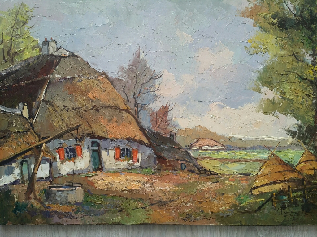 Jan Beaufort. Olieverf op doek. Boerderij in de zon. verkocht voor € 45!