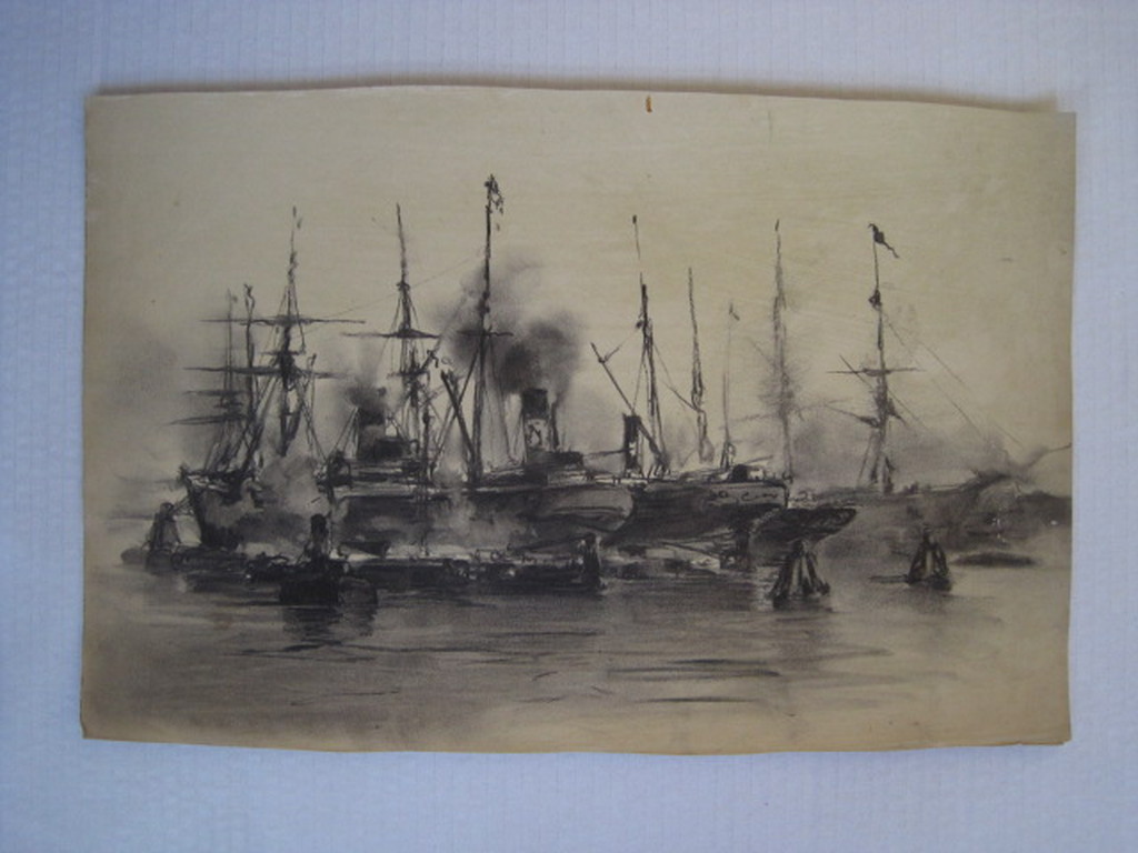 19e eeuwse houtskooltekening "haven Amsterdam" van George L Kiers (1838-1916) kopen? Bied vanaf 1!