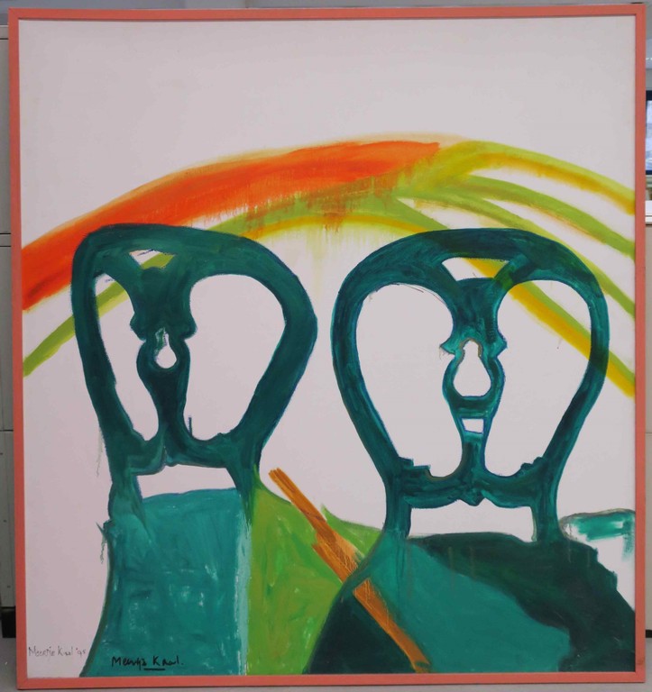 Meertje Kaal: Acryl op doek, Z.T. Twee stoelen - Ingelijst (Groot!) verkocht voor € 80!