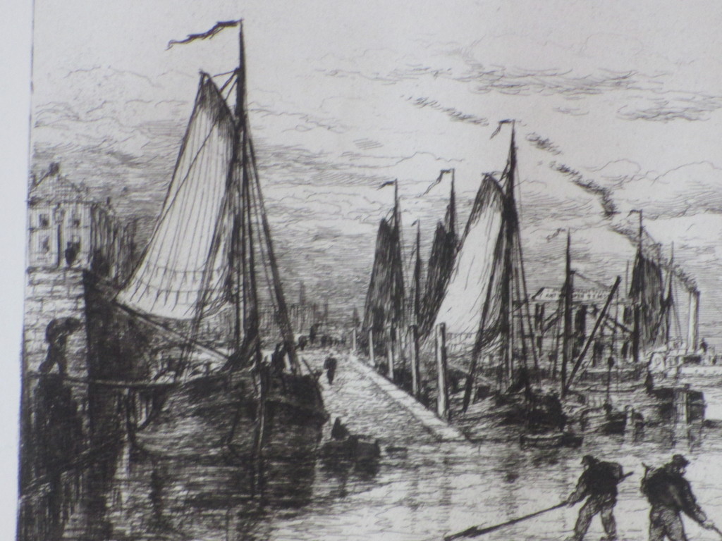 Onbekend, gesigneerd H.Seghers, Garnalenvissers in de haven, Ets kopen? Bied vanaf 1!