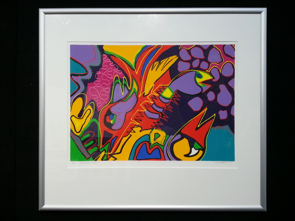 Marianne Naerebout, zeefdruk met lijst , titel " Go with the flow " verkocht voor € 65!