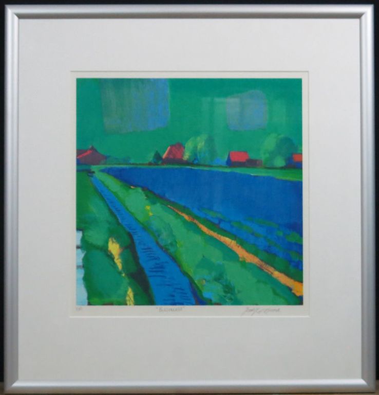 Jentsje Popma: Zeefdruk, Bollenveld - Ingelijst kopen? Bied vanaf 40!