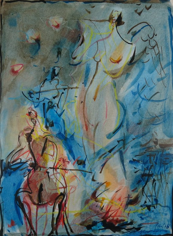 Onbekend gesigneerd: Gemende techniek met o.a. aquarel, Figuur met cello kopen? Bied vanaf 1!