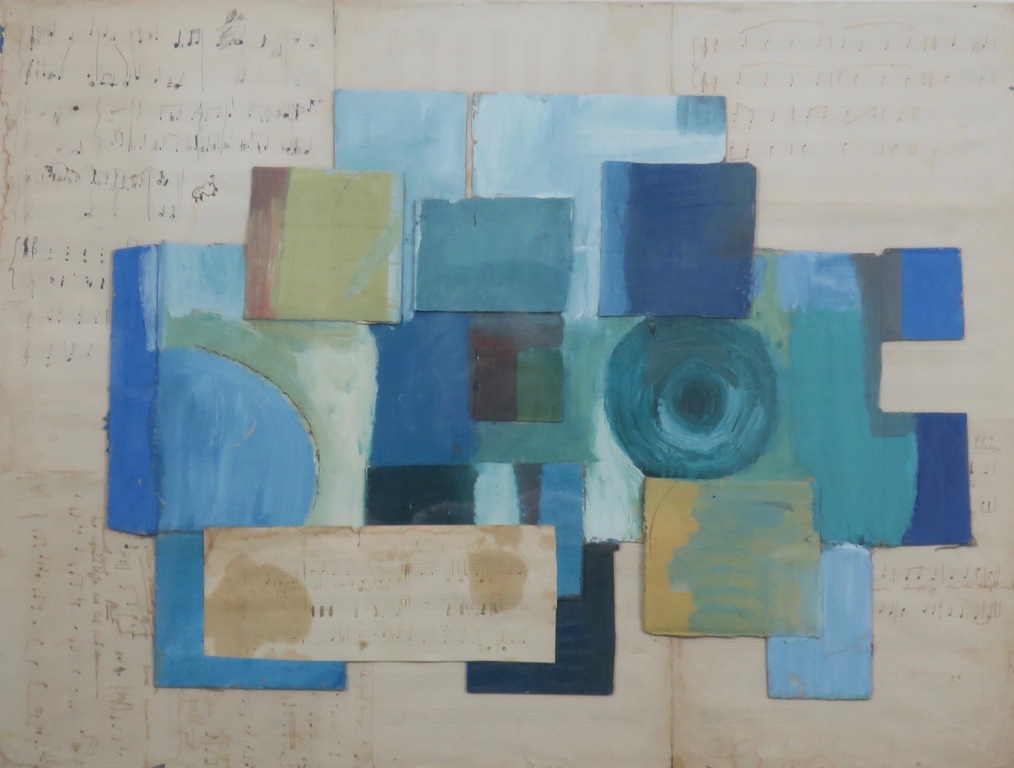 Meertje Kaal: Acryl en collage op papier, Zonder titel (muziek) - Ingelijst kopen? Bied vanaf 50!