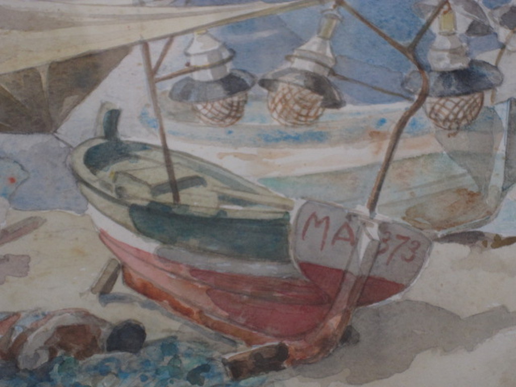 Grote gesigneerde Aquarel " vissersboten op strand Mallorca " kopen? Bied vanaf 25!