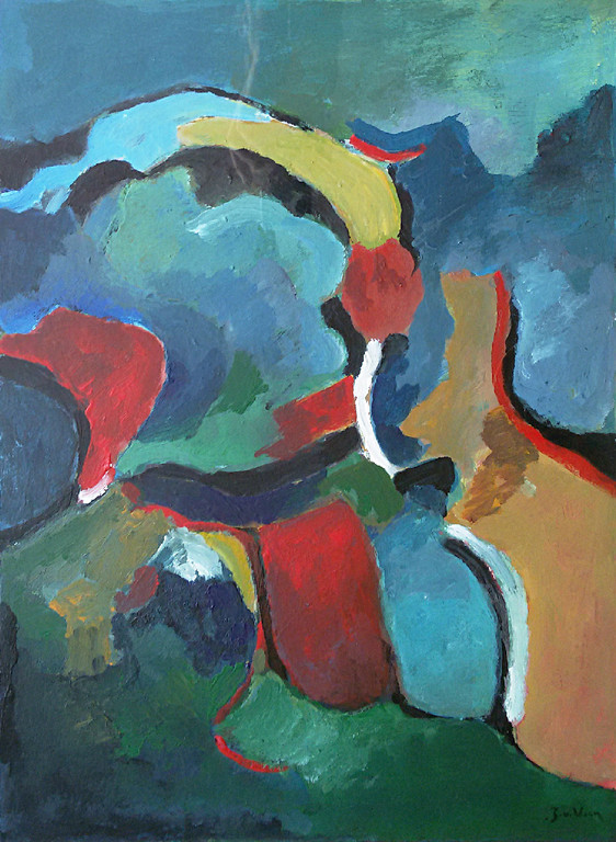 Jaap van Veen - Abstracte compositie, verf op karton (prachtig ingelijst) verkocht voor € 75!