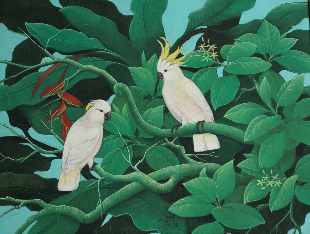 Onbekend kunstenaar - acrylverf op doek - kaketoes in de jungle - gesigneerd kopen? Bied vanaf 1!