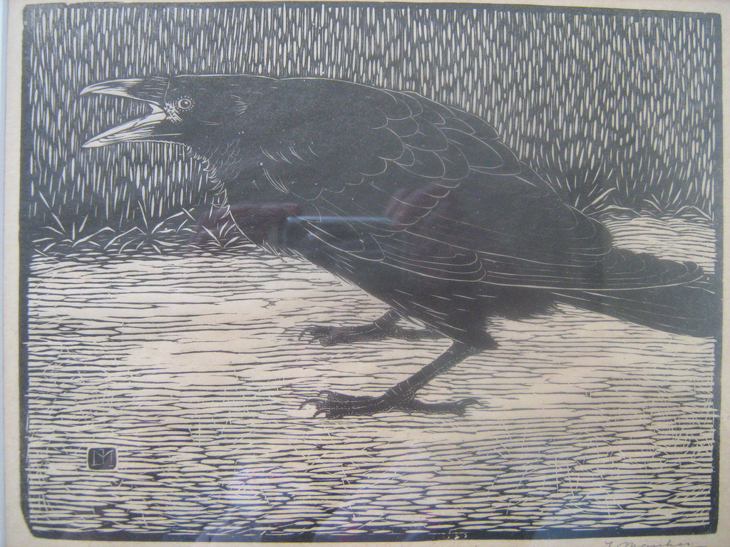JAN MANKES, Schreeuwende Kraai, gesigneerd en gemonogrammeerd, houtsnede  kopen? Bied vanaf 550!