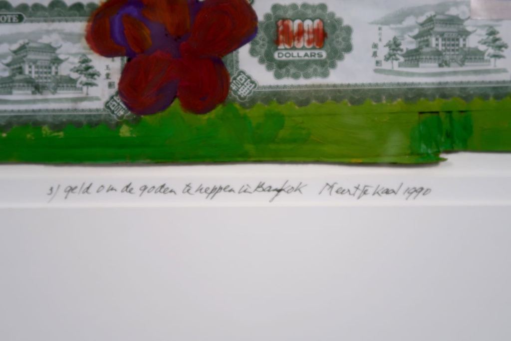 Meertje Kaal: Olieverf en collage op karton, Geld om de goden.. - Ingelijst kopen? Bied vanaf 1!