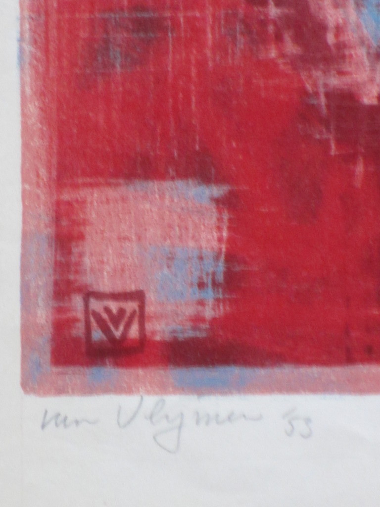 Koos van Vlijmen, Abstracte compositie tegen rood, Kleurenlitho kopen? Bied vanaf 45!