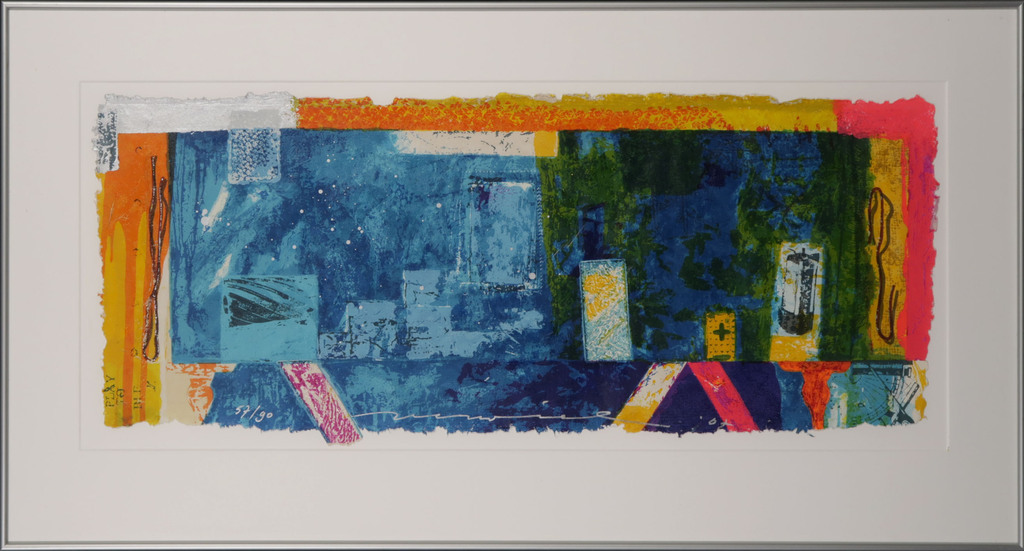 Jos Verwiel: Zeefdruk, Blue print I - Ingelijst verkocht voor € 50!